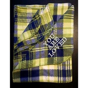 Soft & Pretty "I love You" Thin Flannel Green Blanket Hand Stitched Edges